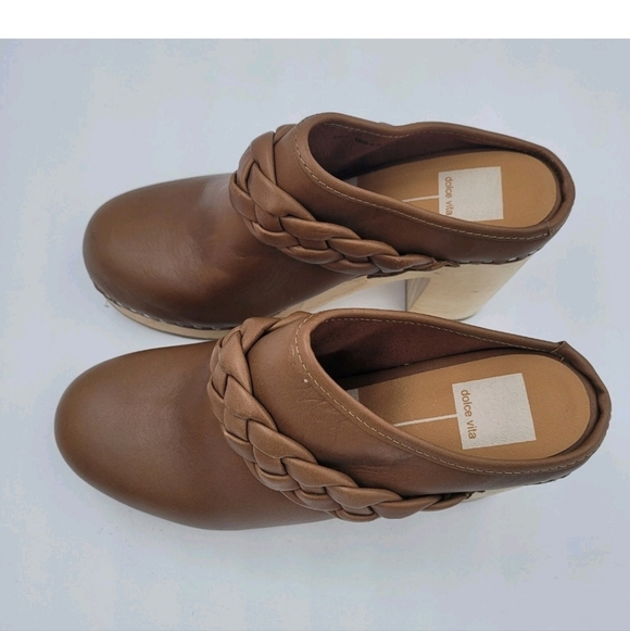 Dolce Vita Hila Saddle Brown Braided Leather Mule Clog Heels Size 7 Wooden Heel - Picture 4 of 12